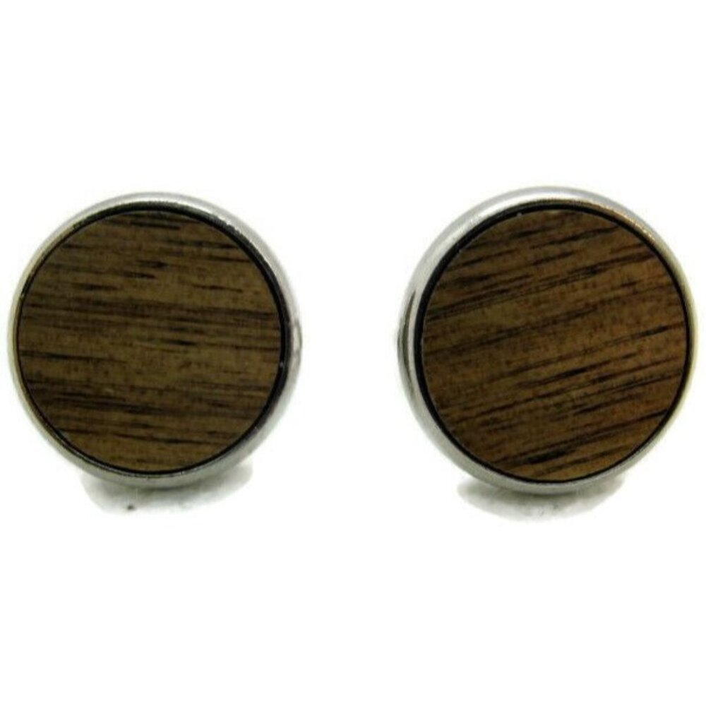 Wood Cuff Link Engraveable Bullet Round 1" x 3/4" Silver Tone Men Cufflinks